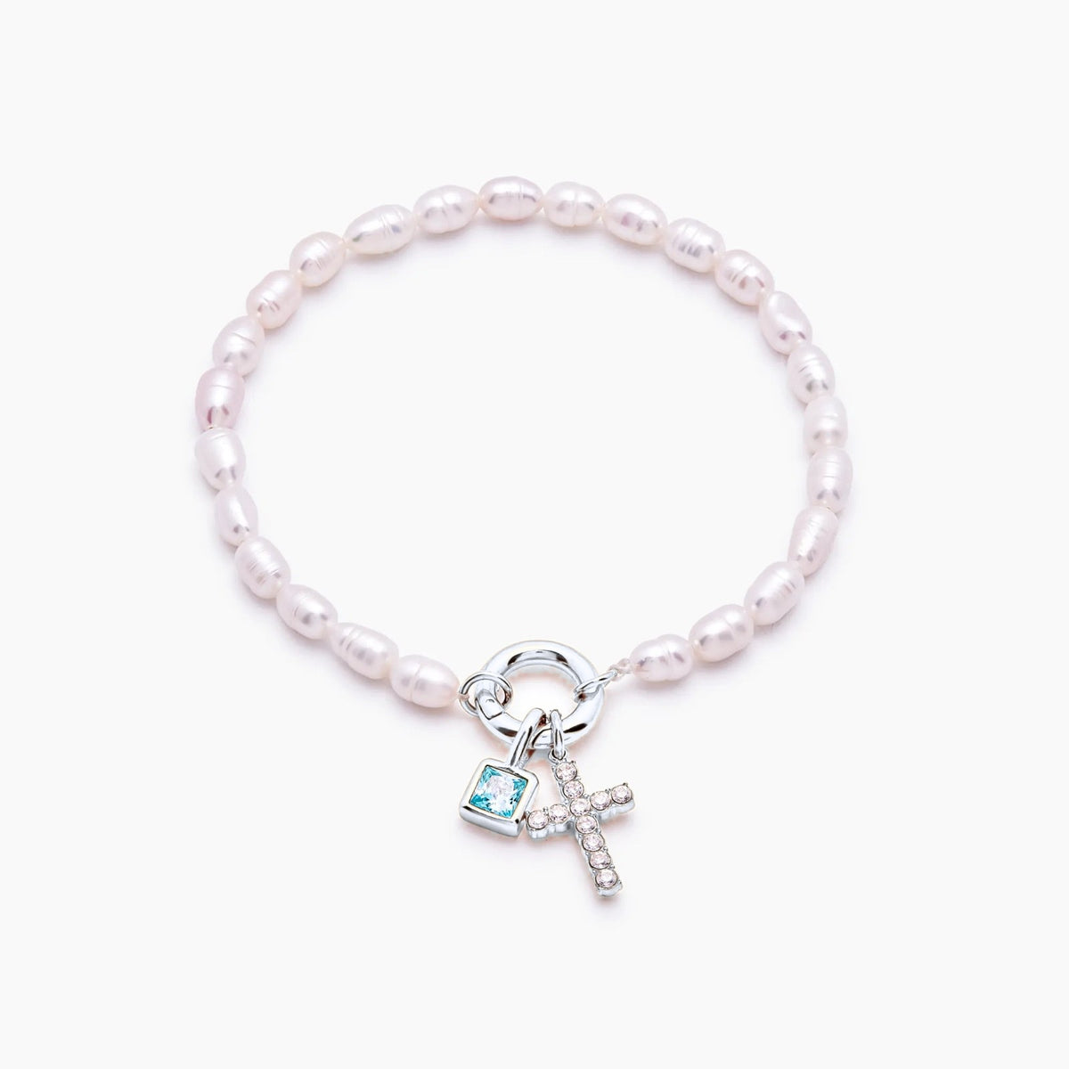 pearl-birthstone-cross-charm-bracelet — Silver / Mar-Aquamarine