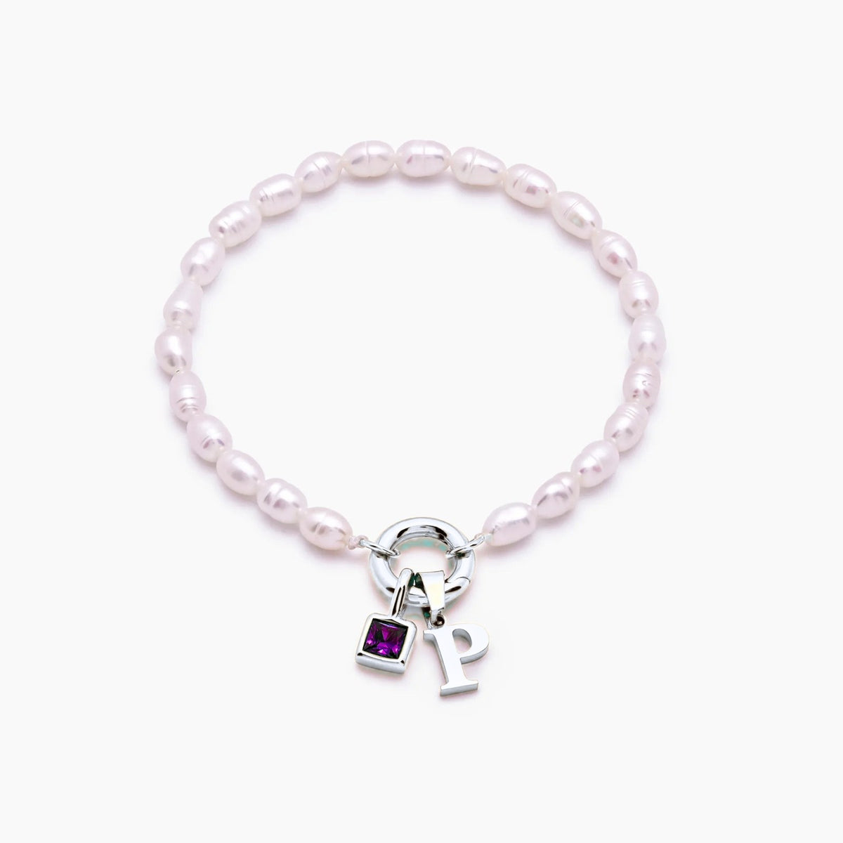 pearl-initial-birthstone-bracelet — Silver / Feb-Amethyst