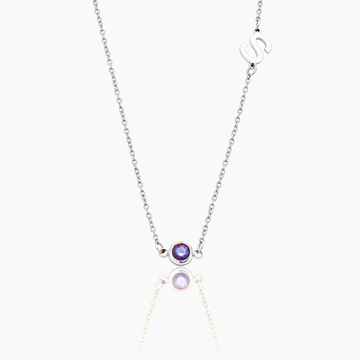 side-set-initial-birthstone-necklace — Silver / Feb-Amethyst